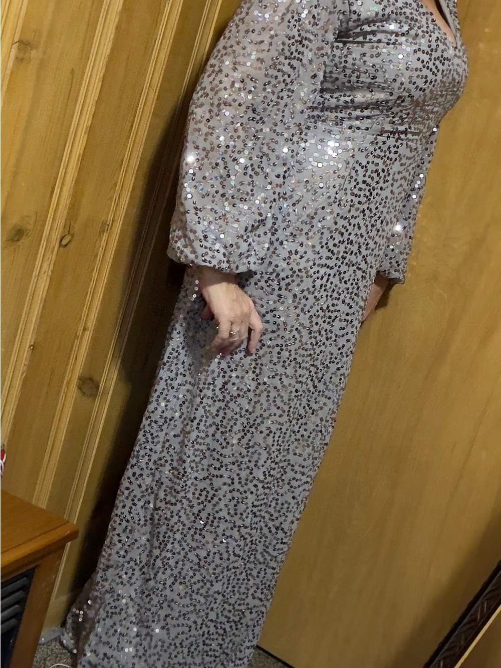 Sequin Long Sleeve V-Neck Evening Gown - Silver SZ 18